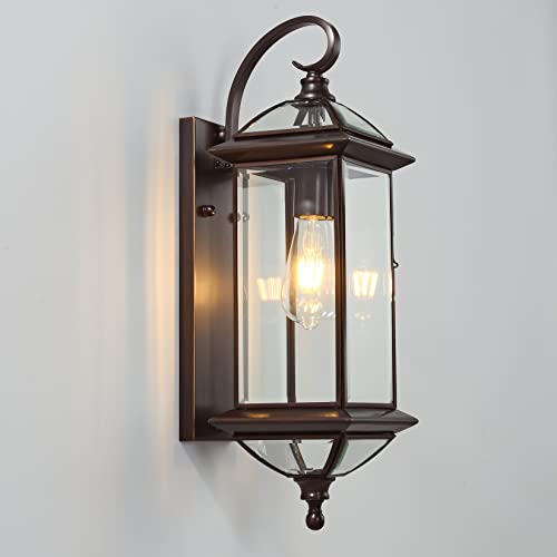 GAZELIGHTING Large Solid Copper Outdoor Wall Light, 20" Oil Rubbed Bronze Porch Lantern with Clear Beveled Glass, Exterior Wall Sconce for Front Door, Garage, Patio, Weather Resistant, E26 Base