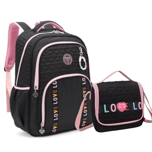 Kit Mochila e Lancheira Love Matelassê Kika KK24M07- KK24L34 (Preto/Rosa)
