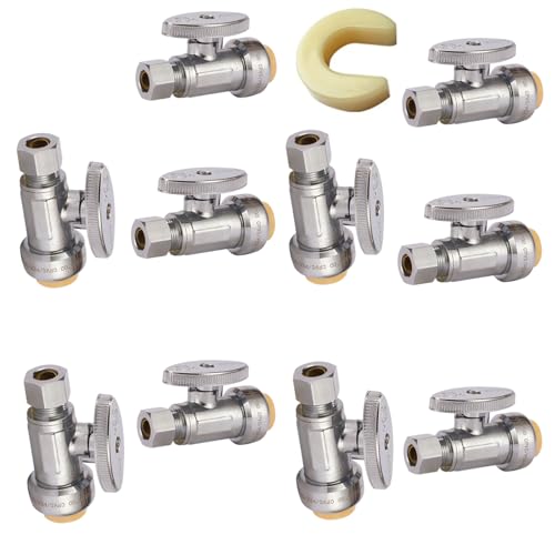 GUOFIS Push Fit 1/4 Turn Straight Stop Valve,1/2 Push X 3/8 Inch Compression Water Shut Off Valves with Disconnect Clip, for PEX, Copper, CPVC(10Pack)
