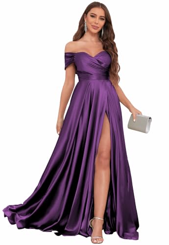 Image of SOLODISH Off The Shoulder Satin Prom Dresses for Women Long Formal Evening Party Dress with Slit