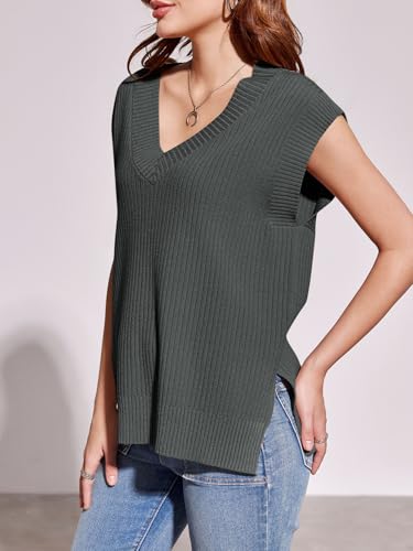 Image of Saodimallsu Womens V Neck Sweater Vest Oversized Ribbed Knit Sleeveless Casual Loose Fit Pullover Tank Top