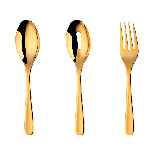 BISDARUN Salatbesteck 3-teilig Servierbesteck Set aus Edelstahl Servierlöffel *1 Servierlöffel *1 Aufschnittgabel *1 Gold Länge 26 cm(10,2 Inch) Cover