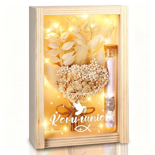 Kommunion Geschenke für Mädchen Junge LED Geldgeschenke Verpackung Geschenkbox Kommunion Geschenke inklusive Getrocknete Blumen Holzbox Geschenke zur Erstkommunion Mädchen Junge