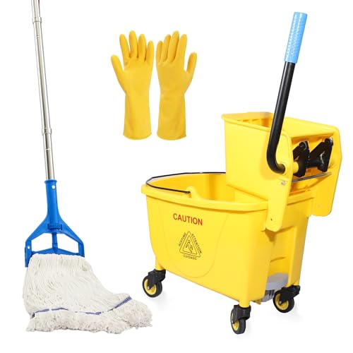 35QT Side-Press Mop Bucket and Wringer Combo on Wheels, Yellow,Including One Heavy Duty Industrial Mop and One Set Large Rubber Cleaning Gloves