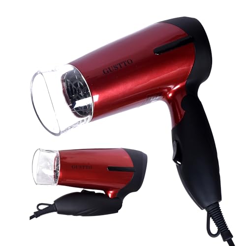 Image of GUSTTO Foldable Hair Dryer 1100W | Compact Travel-Friendly Hair Dryer with Foldable Handle, Hanging Ring, 2 Heat & Speed Settings, Lightweight & Portable (Wine Red), BIS Certified