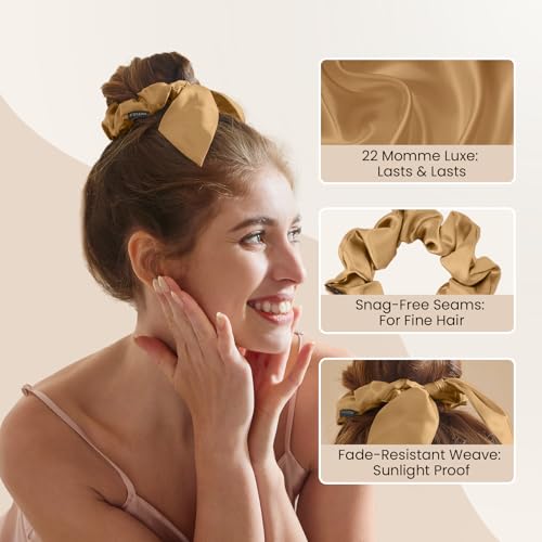 Image of THXSILK 100% Mulberry Silk Bow Scrunchies 3-Pack, 22 Momme Mulberry Silk Hair Ties for Women, Cute Bunny Ear No Damage Ponytail Holders, Fashion Hair Accessories for Girls(M, Metallic Gold)