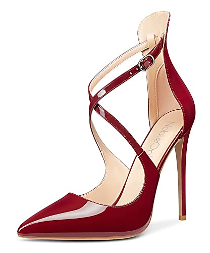 NobleOnly Mujer Hebilla Tira de Tobillo Zapatos de Tacón Tacón de Aguja 12CM High Heels Pumps Rojo Borgoña Charol Zapatos EU39.5