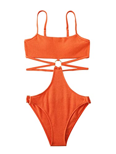 Flatterme Ring Linked Cut-Out One Piece Swimsuit Scoop Neck Lace Up Back Monokini Bathing Suit(22004-Burnt Orange-L) #TOP2