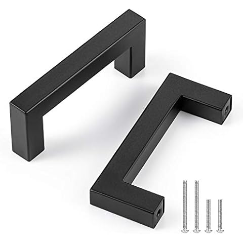 CZC HOME 5 Pack 88mm Cabinet Handles, Stainless Steel Drawer Square Drawer Pulls, 76mm Hole Center Cupboard Handles with 2 Sizes Screws for Kitchen Dresser Door Matte Black Cover