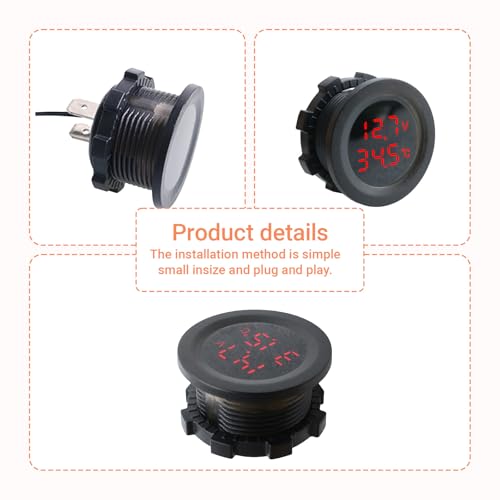 2 in 1 Voltmeter Thermometer Digital Anzeige,Temperaturtester Batteriewächter USB Auto Zigarettenanzünder Ladegerät Port für 12v SUV LKW Wohnmobil(Rot)