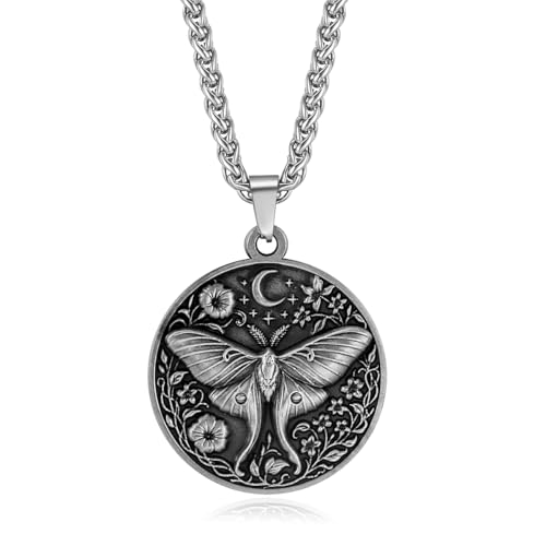 Moth Necklace Floral Embossed Vintage Animal Mystery Transformation Pendant Jewelry Gift for Men Women (Silver)