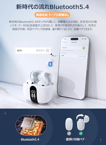 【絶好音質】ワイヤレスイヤホン Bluetoothイヤホン Bluetooth5.4 hi-fi音質 AAC ダブルマイクENCノイズキャンセリング CVC8.0ハンズフリー通話 LED表示 ブルートゥース bluetooth 無線 軽量 iPhoneやAndroid対応 ビジネス、ウェブ会議、通勤、通学スポーツ 日本語音声