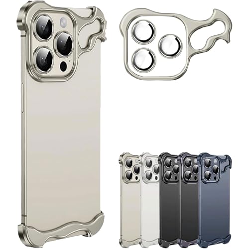 Special-Shaped Metal Corner Pad Anti-Fall Phone Case for iPhone 15 14 13 Pro Max with Lens Film Naked Frameless Slim Thin Bare Metal Feel (Grey,16)