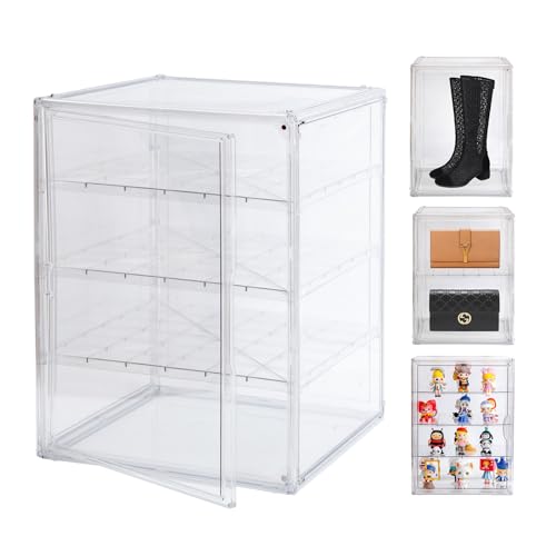 Image of BOHOIDEE 3X-Large 4 Tiers 17.7 inchX13 inchX13 inch Acrylic Display Case with 3 Division Boards, Clear Organizer Box Plastic Holder with Magnetic Door for Handbags, Purses, Boots, Figures, Book