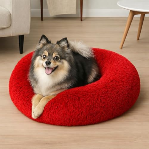 Image of ZEXSAZONE Red Plush Dog Bed Summer - Anti-Anxiety Round Donut Pet Bed with Raised Edges | Soft Faux Fur Calming Bed for Puppies, Cats & Small Dogs | Machine Washable