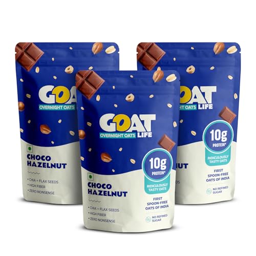 Image of GOAT Life Overnight Oats | 10g Protein | High Fibre | Nutrient-Rich | No Sugar | Supports Weight Management & Muscle Recovery | Instant Breakfast (Choco Hazelnut, Pack of 3)