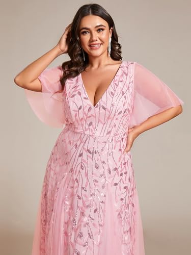Image of Ever-Pretty Women's Sequin V Neck Plus Size Formal Dresses Evening Gown | Short Sleeve, A-Line, Empire Waist, Plus Size Mother of the Bride Dresses, Plus Size Gala Dress