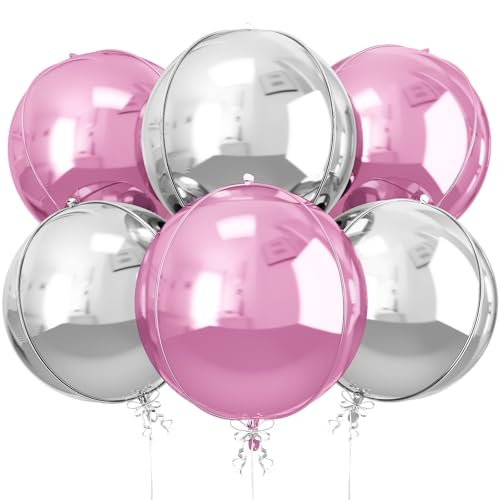 Image of Pink Silver Round Foil Balloons Birthday Prom Decor 22 Inch 6 Pcs | Metallic Pink and Silver 4D Helium Ball Balloons for Girls Anniversary Baby Shower Wedding Party Backdrop Decorations