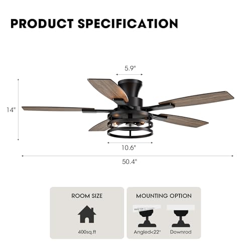 Image of 52 Inch Flush Mount Ceiling Fans with Lights and Remote Control, Low Profile Farmhouse Ceiling Fan for Bedroom Living Room and Patio, Black Caged Ceiling Fan for Indoor and Outdoor