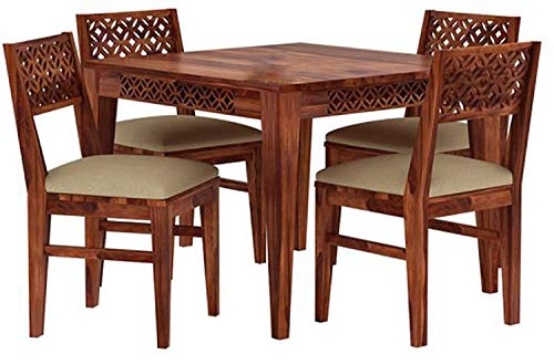 Image of CNC Cuting Sheesham Wood Dining Table 4 Seater Set | Wooden 4 Seater Dining Furniture | 4 Chairs with Cushion Teak Wood Dining Table Set Furniture for Living Room (Honey Finish)