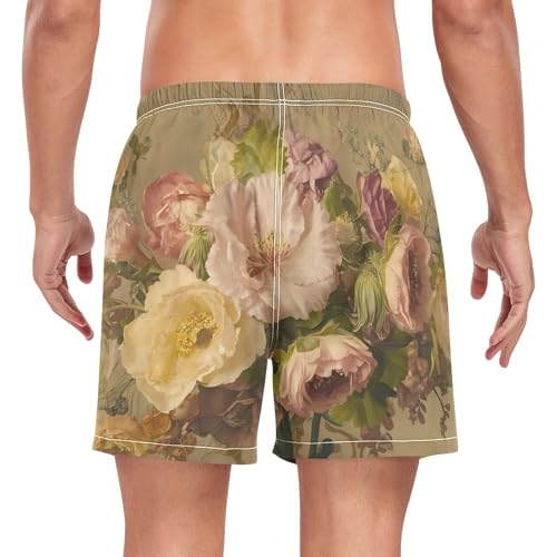 Mens Swim Trunks with Liner, Vintage Leaf Roses Cool Quick Dry Beach Swim Shorts, Swimwear Bathing Suits S2