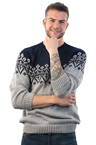 Intialpaca Handmade Crewneck Blue and Gray Alpaca Sweater for Men Olympus2