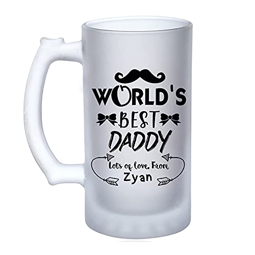 Personalised World's Best Daddy Fathers Day Moustache/Bow Love Any Name Funny Gift for Dad Birthday 16oz Frosted, Tankard, Stein, Pint Beer Glass/Mug.