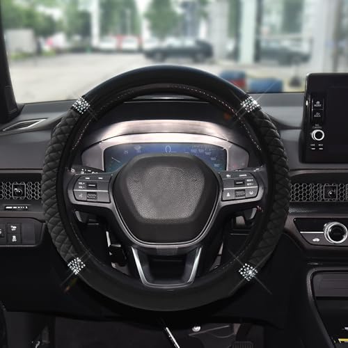 Bling Soft Leather Steering Wheel Cover, 15 Inch Colorful Rhinestones Auto Elastic Steering Wheel Protector for Women Girls, Car Accessories Anti Slip Steering Wheel Cover for Cars, SUVs (Black)