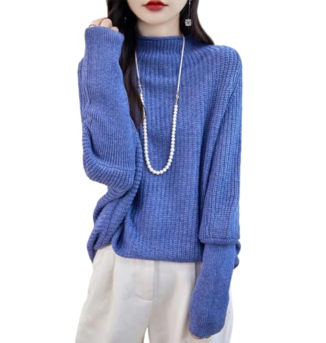 GLETSF Pull en Laine À Col Montant Et Manches Longues pour Femme, Doux Et Chaud-Blue-Medium