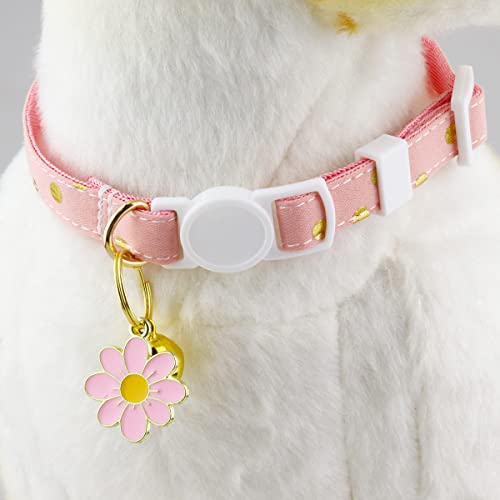 Aiwind 2 Pack Cat Collars Breakaway For Girl Boy Cats With Bell Daisy Pendant, Dotted Kitten Puppy Rabbit Collars (A Pink Beige) #TOP1