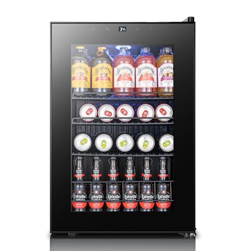 Image of Yeego Countertop & Freestanding Beverage Fridge, 85-Can Mini Drink Refrigerator with Glass Door, Adjustable Shelves, Digital Temperature Control 34-54F, Compact Cooler for Kitchen, Office, Bar