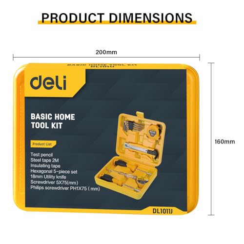 Image of Deli DL1011J 11 Piece Household Tool Kit Portable & Compact with Test Pen Electrical Tape Measure Tape Screwdrivers Utility Knive 5-Hex Keys and Storage Box for DIY Home Repair (Yellow)