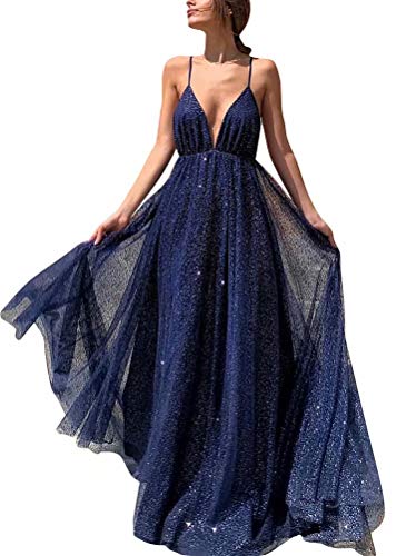 AiniDress Women's Deep V-Neck Prom Dress Long Backless Tulle Evening Gown 4 A-navy