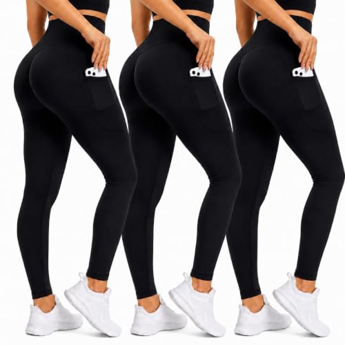 TNNZEET 3 Pack Leggings for Women - Tummy Control High Waisted Soft Yoga Pants for Workout Gym Running Black/Black/Black