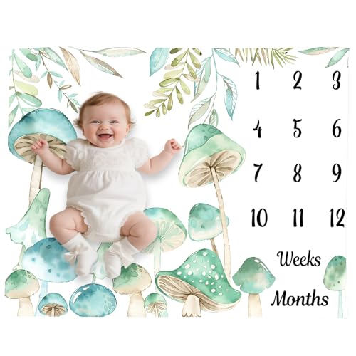 Image of Mushroom Theme Baby Monthly Milestone Blanket, Soft Flannel Watercolor Spring Tropical Eucalyptus Leaves Botanical Photography Prop Newborn Baby Shower Age Growth Tracker (Green, 60x40in)