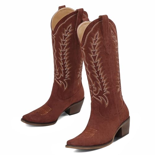 Image of Tscoyuki Cowboy Boots for Women: Embroidered Western Knee High Boots Women - Pointed Toe Chunky Heel Cowgirl Tall Boots