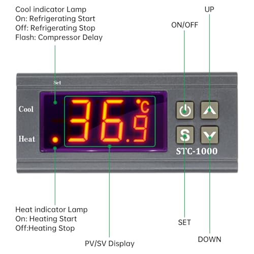 Aideepen STC-1000 Temperature Controller, DC 12V 10A All-purpose Digital Thermostat with NTC Sensor Probe for Fermentation Hatch Freezer Heating and Cooling
