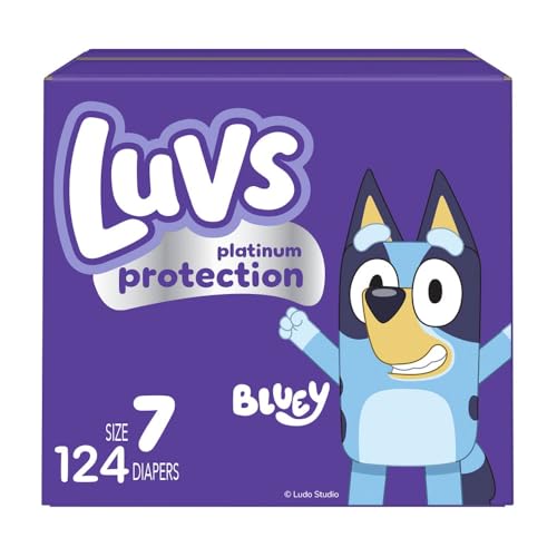 Image of Luvs Size 7 Baby Diapers, Platinum Protection Bluey Diapers for Day & Night, Size 7, 124 Count (Packaging May Vary)