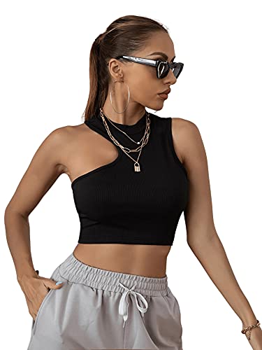 Verdusa Women s Asymmetrical Mock Neck Sleeveless Slim Fitted Tank Crop Top Black M