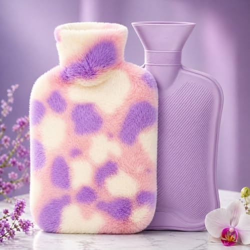 Image of Hot Water Bag with Soft Plush Cover 1000ml Medical Grade Silicone Hot Water Bottle for Period Cramps, Back Pain Relief, Hot & Cold Therapy, Muscle Aches & Full Body Relaxation Heating Pad (Lavender)