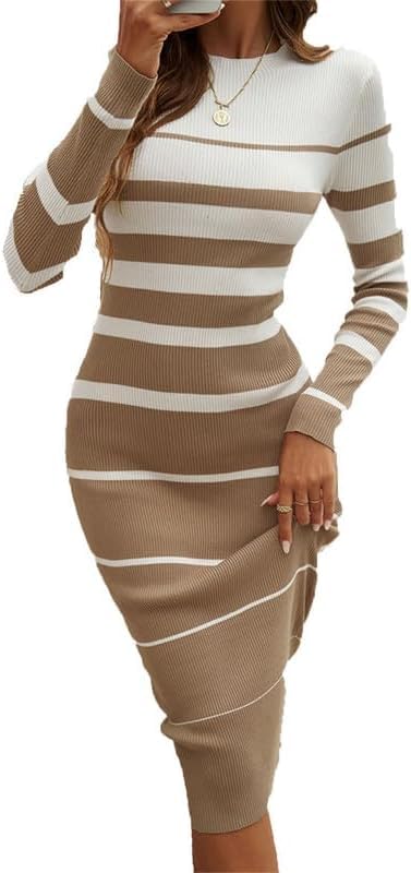 DSAoTeng Vestido de punto de manga larga con bloques de color a rayas para mujer, vestido midi de suéter de ajuste delgado - Moda casual, vestido de punto acanalado, vestidos de otoño e invierno para