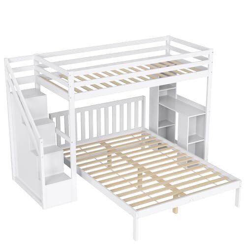 Azkoeesy Litera de 140 x 200 cm con Escritorio y Escalera, Cama Doble móvil de 140 x 200 cm, litera Multifuncional para 3 Personas, Color Blanco