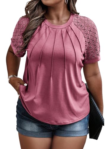 Image of Eytino Plus Size Tops for Women Summer Lace Short Sleeve Crewneck Loose Casual Blouse Tunic T Shirts(1X-5X)