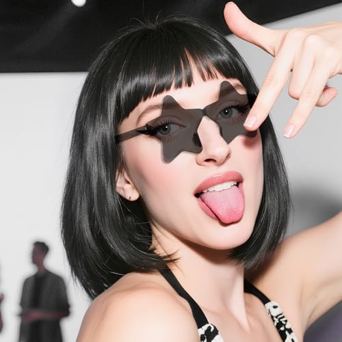 Image of ANOGOL Black Bob Wig with Bangs Short Black Wigs for Women Funny Costume | Hair Cap+ Sunglasses Short Neon Wig for Bachelorette Party Funny Wigs for Women Halloween Costume Night Club Crazy Hair Day
