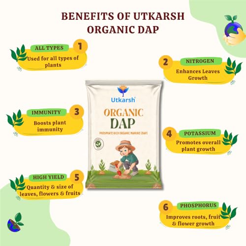 Image of Utkarsh Organic DAP Fertilizer for Plants, Home & Garden - 5 Kg Granules, 100% Water Soluble, Bio DAP Fertilizers & Manure for Plants Growth | Improves Flowering, Fruiting & Vegetables; Pack of 1