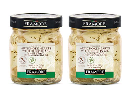 FRAMORE, Artichoke hearts quartered marinated with herbs with olive oil in jar 10.2 Ounce Two Pieces Antipasto deli foods Imported from Italy