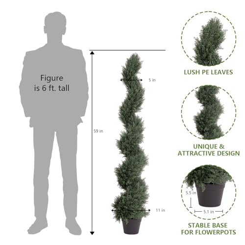 THE BLOOM TIMES 5ft Spiral Artificial Topiary Trees Set of 2, Faux Cedar Trees for Outdoor Planters - Fake Twist Cypress Plants for Garden Front Porch Indoor Outside Decor 5 Foot