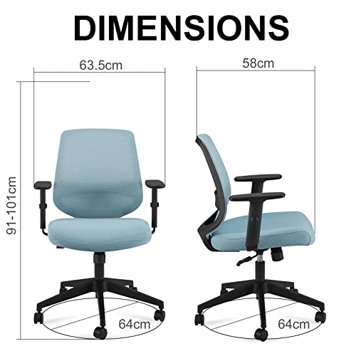 Amazon-Marke: Movian verstellbarer Schreibtischstuhl mit halbhoher Rückenlehne mit gepolstertem Netzmaterial, Armlehnen und Lendenwirbelstütze, 63,5 x 58 x 91 cm, Cyan