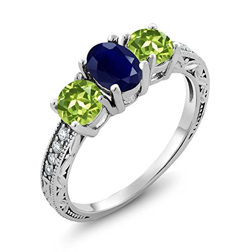 Gem Stone King 2.14 Ct Oval Blue Sapphire and Green Peridot 925 Sterling Silver 3-Stone Women's Ring (Size 5)
