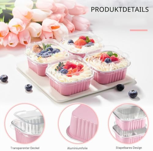 KAHEIGN 50Pcs Mini-Kuchen Förmchen Backförmchen aus Aluminiumfolie, 150ml Quadratische Backformen Kuchenförmchen mit Deckel… – Ansicht 2